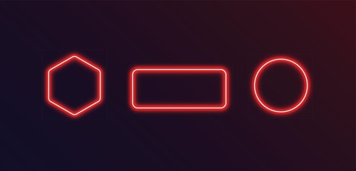 Set of red neon geometric multiple shapes frame, light sign box with glowing light effect on a dark background.