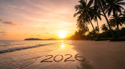 Year 2026 written on sandy beach at tropical sunset with silhouette of palm trees and calm sea waves