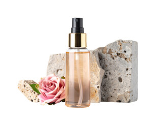 Elegant Rose Scented Perfume Bottle with Natural Elements.