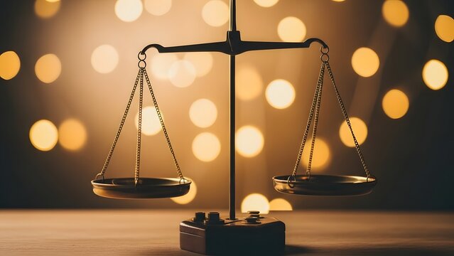 A balance scale on a wooden table with bokeh lights