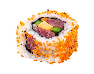 Delicious Tuna Roll Sushi with Tobiko and Avocado. © burhan