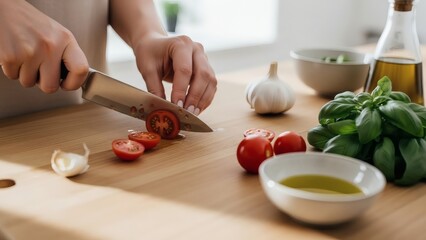 Preparing fresh ingredients with a sharp knife on a wooden countertop surrounded by vegetables and herbs