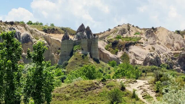 The Valley of Love in Goreme National Park. Unique rocks of various shapes. Sandstone cliffs. The wonders of Cappadocia are rock formations. The unusual shapes of the rocks are the property of Turkey.