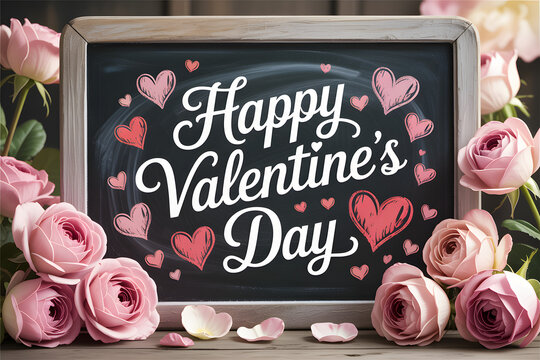 Valentine s day greeting with pink roses and chalkboard decoration - Powered by Adobe