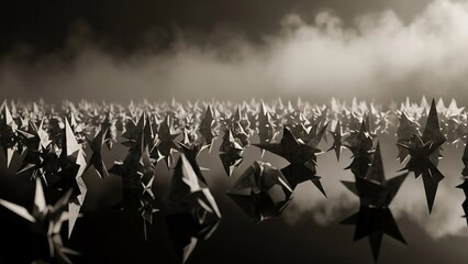 어두운 하늘 아래 날카로운 별들이 솟아오르다