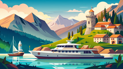 Very beautiful travel scene of a luxury yacht on calm waters, framed by majestic Swiss mountains and a historic lakeside castle, creating a peaceful atmosphere of elegance and relaxation.
