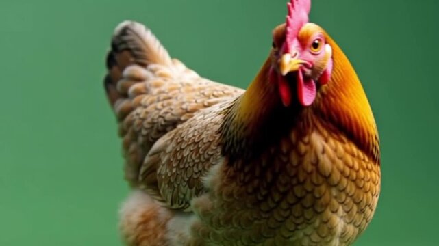 Front view 3D illustration of a brown hen chicken walking forward isolated on a green screen background.