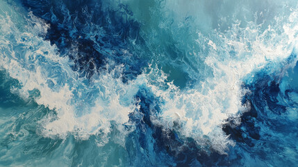 Dynamic acrylic painting of the ocean featuring deep blue and turquoise waves with textured, flowing brushstrokes capturing the movement and energy of the sea