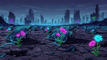 황량한 도시 배경에 피어난 밝은 꽃들