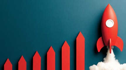 Ascension: A vibrant red rocket symbolizes growth, taking off from a stylized rising bar graph, painted against a bold blue backdrop, suggesting progress, advancement.