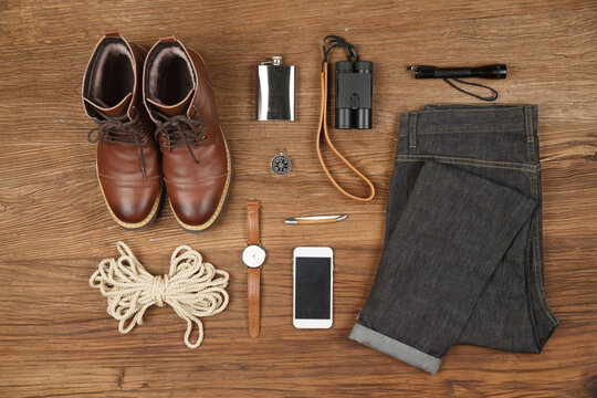 Men's Casual Essentials Flat Lay on Wood Background