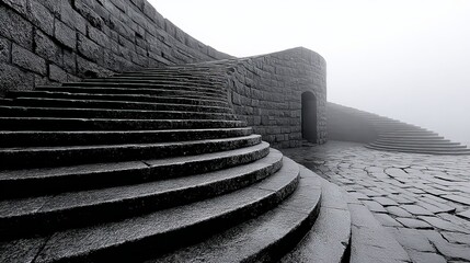 Ascending Stone Steps: A majestic outdoor staircase of stone, spiraling upwards into a misty ambiance, a journey through time and nature. The stairs symbolize upward movement.