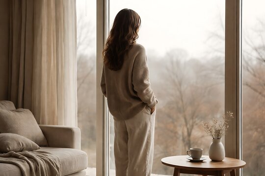 Woman standing by window in cozy minimal interior calm lifestyle photography