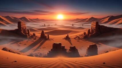 석양이 붉게 물든 사막 풍경의 아름다운 조화