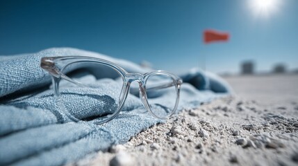 Relaxation on Sandy Shores: A pair of transparent spectacles rests serenely on a blue towel, inviting you to embrace the sun-kissed tranquility of a beachside escape.