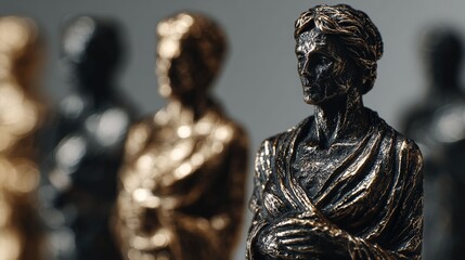 Timeless Figures: A series of classical bronze statuettes, each with its unique grace, stand elegantly against a soft gradient, conveying timeless artistry.