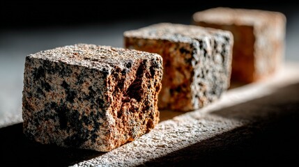 Textured Stone Cubes: A close-up view presents three textured stone cubes, each with a unique surface, arranged in a row, with dramatic shadows adding depth and highlighting their rugged beauty.