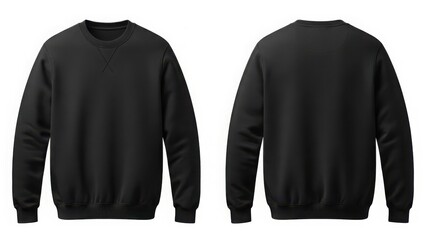 A detailed front and back presentation of a blank black crewneck sweatshirt for apparel design
