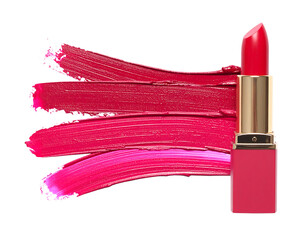 Vibrant Red Lipstick Swatches and Tube on White Background.