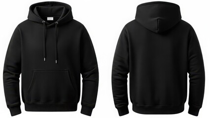 A plain black pullover hoodie displayed in front and back views for product mockup