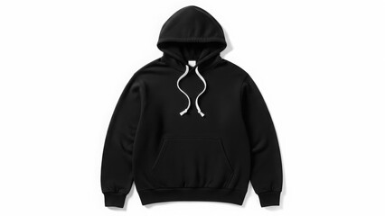 A black pullover hoodie with white drawstrings for a casual look