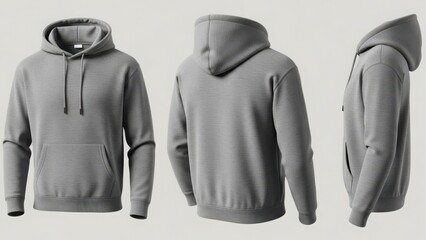 Three different views of a grey hoodie, front, back, and side view for product showcase