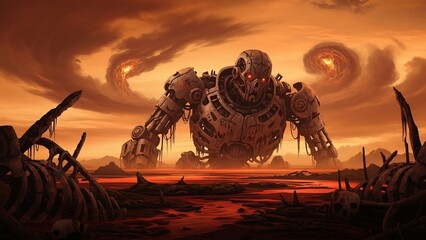 붉은 황무지에 우뚝 솟은 거대한 기계 골렘