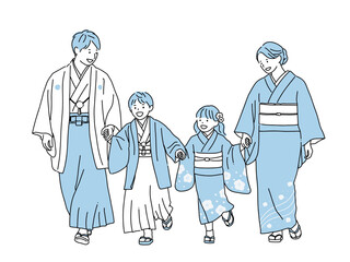 和装で手をつないで歩く家族の線画イラスト｜七五三・お正月・親子　ブルー