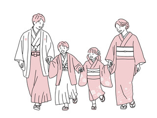 和装で手をつないで歩く家族の線画イラスト｜七五三・お正月・親子　ピンク