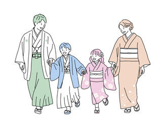 和装で手をつないで歩く家族の線画イラスト｜七五三・お正月・親子　パステルカラー