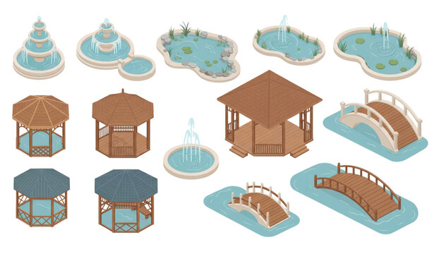 Isometric garden park architecture vector set with fountains ponds and gazebo pavilions isolated on white background
