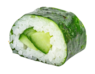 Single piece of cucumber sushi roll with white rice and nori seaweed.
