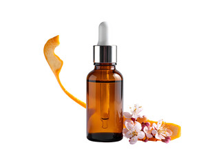 Amber Glass Dropper Bottle with Orange Extract and Flowers.
