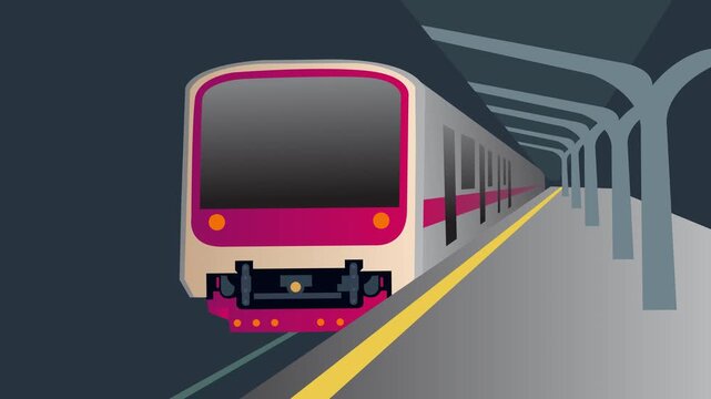 Modern metro train arriving at an underground station platform, illustrated in clean flat vector style. Ideal for transportation, urban mobility, public transit, city infrastructure, and travel-relate