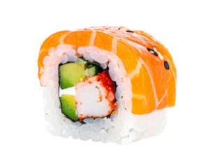 Delicious Salmon Sushi Roll with Avocado and Crab Stick.