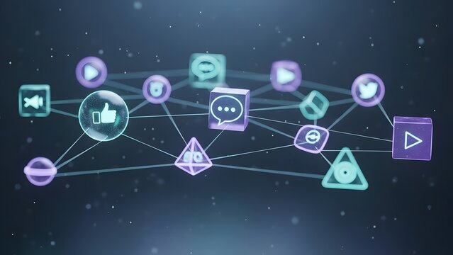 Human Connection: Social Media Icons Linked In Digital Network 3D - Powered by Adobe