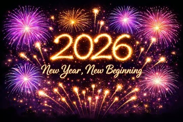 2026 new year celebration with fireworks and new year new beginning message