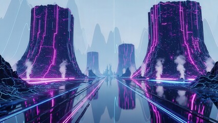 Futuristic neon cityscape with glowing skyscrapers and reflective water