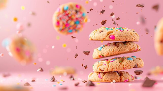 A stack of colorful cookies with sprinkles and chocolate chips on a pink background with flying cookies and toppings
