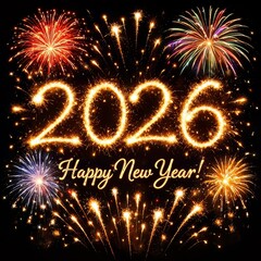 2026 happy new year celebration with sparkling fireworks on dark background