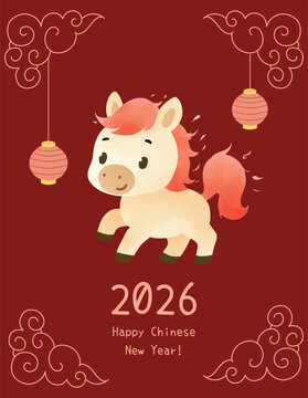 Cute fire horse chinese new year doodle vector clip art. Cartoon of horse with lantern and cloud decoration for greeting card, asset, design, material, imlek
