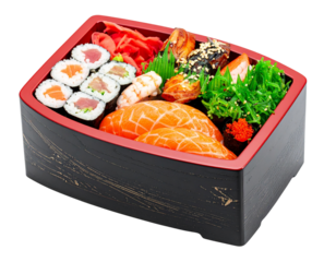 Delicious Japanese Bento Box with Sushi and Salmon.