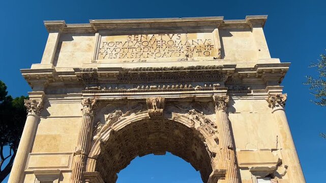 arch titus via sacra rome single white marble archway clear latin inscriptions attic relief sculptures soffit of italy emperor ancient roman monument landmark 