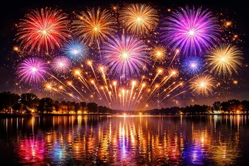 Colorful fireworks reflecting on lake during new year night celebration