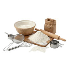 Baking Ingredients and Tools Flour Eggs and Rolling Pin on a Wooden Board with Stainless Steel