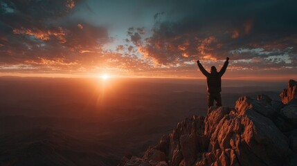 Ascending Triumph: A solitary figure, silhouetted against a dramatic sunset, stands atop a mountain peak, arms raised in a gesture of victory and achievement. Embracing the boundless vista.