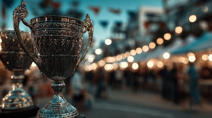 Trophy Triumph in Celebration: A gleaming silver trophy stands proudly at the center of a bustling outdoor celebration, bathed in a warm, inviting glow. This captures a moment of victory, triumph.