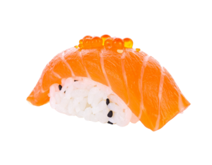 Salmon Nigiri Sushi with Ikura Roe on White Background.
