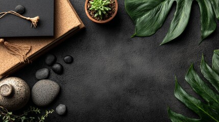 Zen Oasis: A meticulously composed, high-angle shot reveals an evocative arrangement, perfect for spa, meditation, or wellness themes. Showcasing a blend of nature and zen elements. 