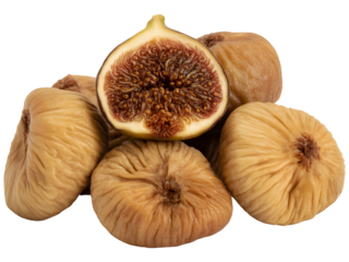 Fresh figs with one cut open showing the inside texture and seeds close up shot on a transparent background PNG